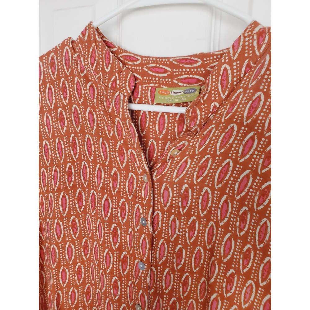 Rock Flower Paper Festival Tunic‎ Top Orange Pink Geometric Boho Rayon Casual S